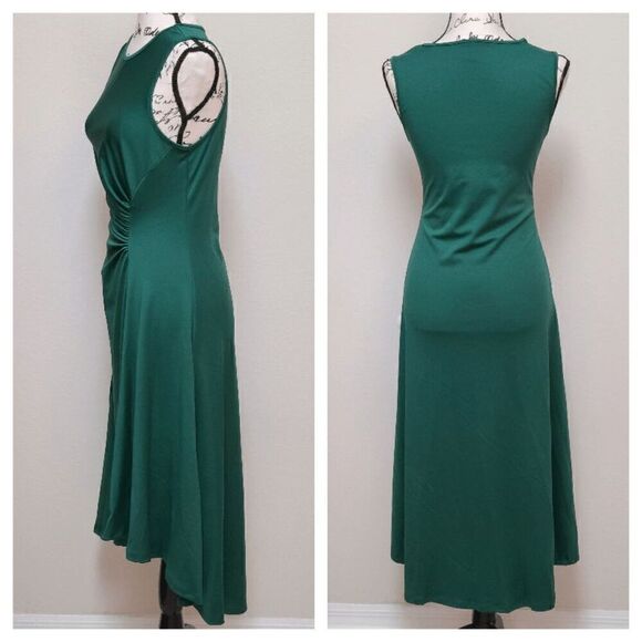 💚 Green Sleeveless Ruched Waist Flowy A-line Hi-Lo Midi Dress SIZE L - Picture 9 of 16